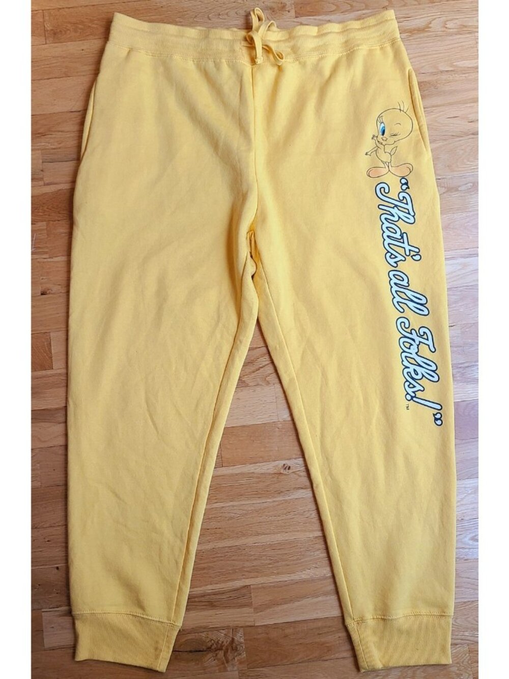 Vintage Looney Tunes That's All Folks Jogger Sweatpants Yellow Y2K 90s Retro XL
